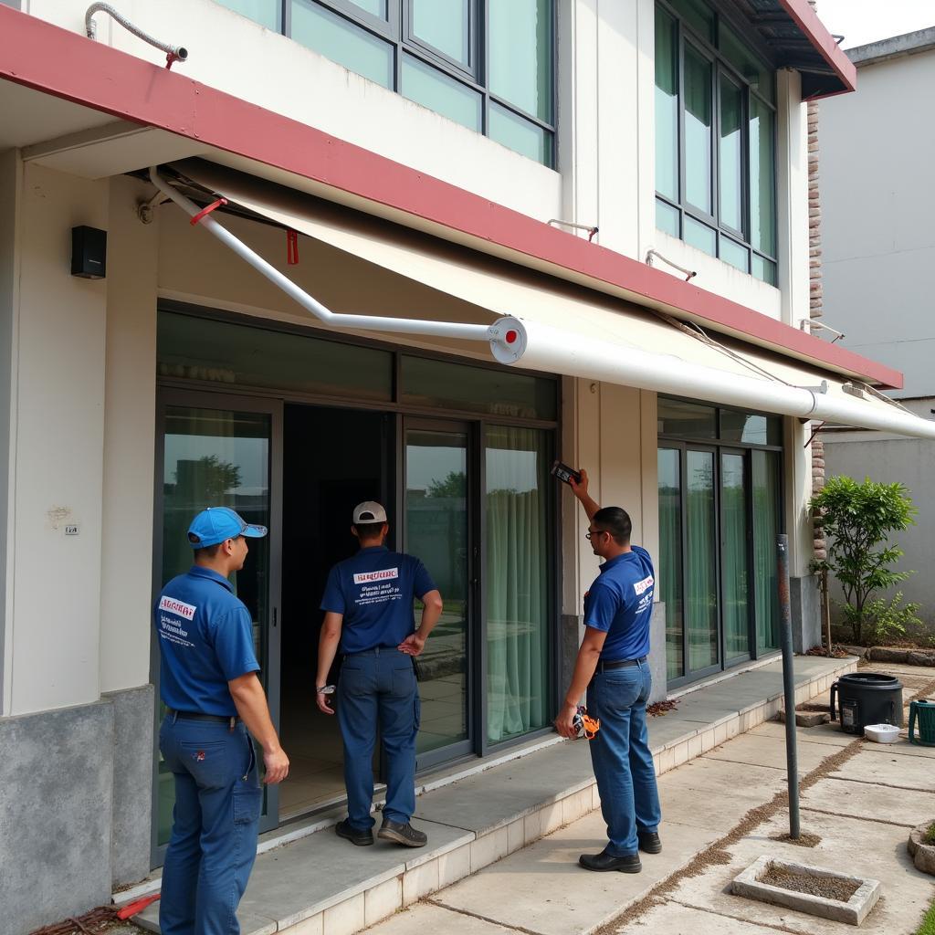 Đội ngũ thợ Mái Che Việt Đức đang thi công lắp đặt mái hiên di động một cách chuyên nghiệp tại Hải Phòng.